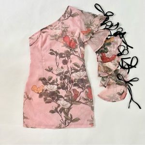 PrettyLittleThing Floral One Shoulder Tiered Flare Tie Sleeve Mini Dress Pink 6